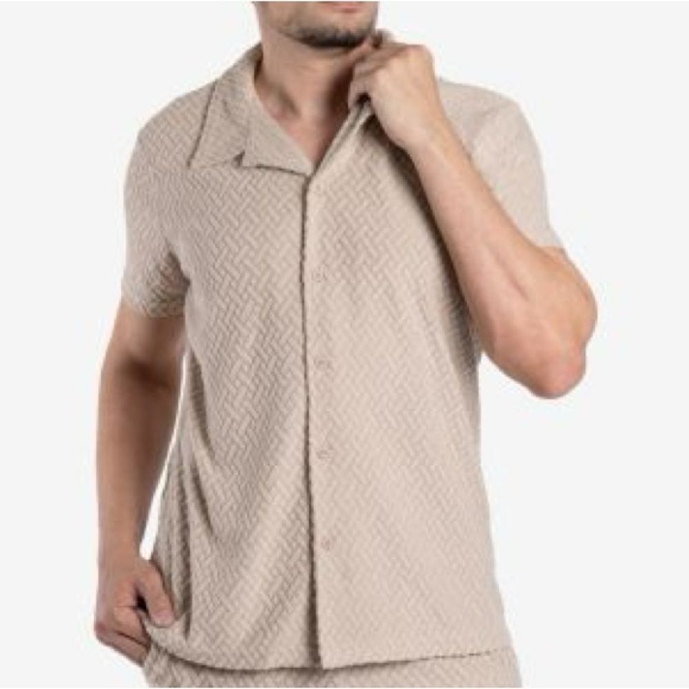 🔥 guide London premium Tan Short Sleeve Button-Up Shirt Sz Large New